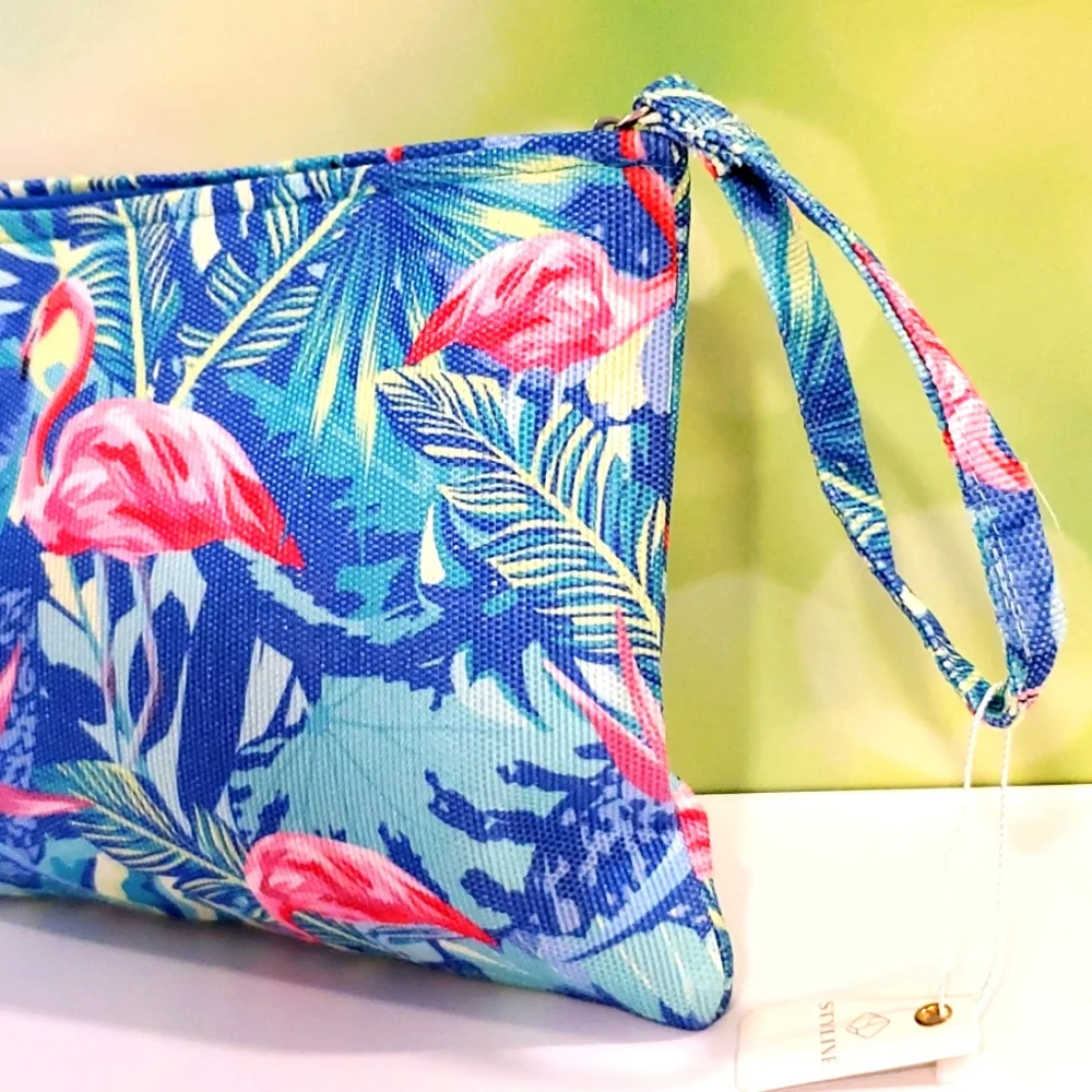 Tropical flamingo themed pouch make up bag clutch beach accessory Travel